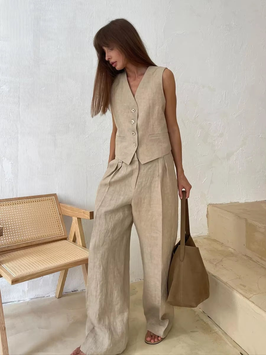 Bronladies Womem Linen Cotton Chic Vest & Pants Suit Two-Piece Set Office Ladies Summer Chic 2 Piece Sets Womens Outfits