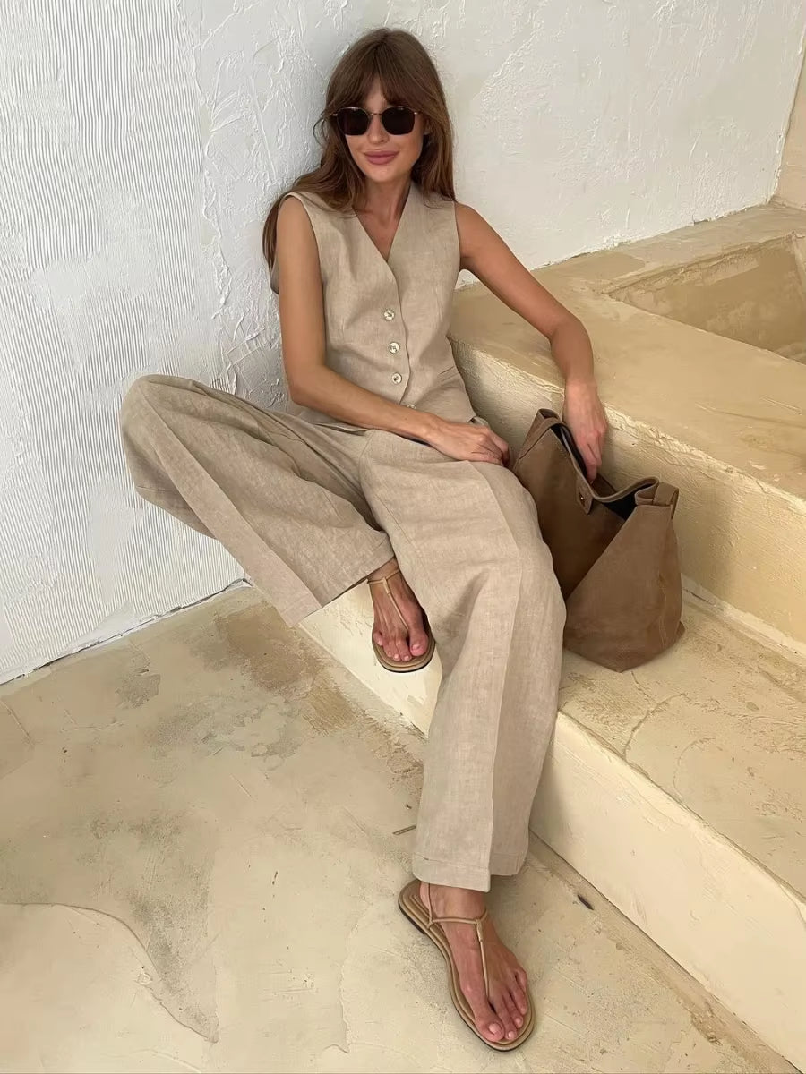 Bronladies Womem Linen Cotton Chic Vest & Pants Suit Two-Piece Set Office Ladies Summer Chic 2 Piece Sets Womens Outfits