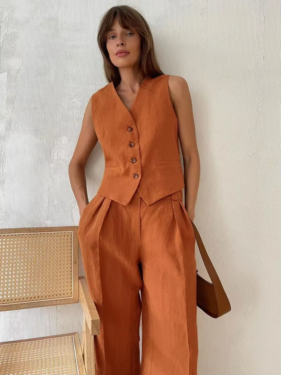 Bronladies Womem Linen Cotton Chic Vest & Pants Suit Two-Piece Set Office Ladies Summer Chic 2 Piece Sets Womens Outfits