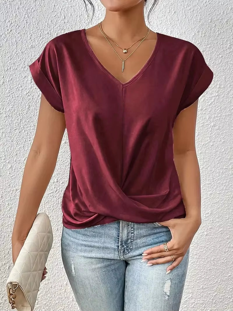 Fashion Pleated Hem V Neck Pullover T-Shirt Women Daily Solid Color Casual Commuter Tops Summer Folded Short Sleeve Female Tees