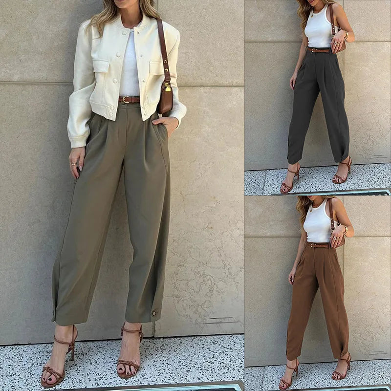 Women Casual Office Lady Ankle Banded Pants Work Solid Color Tailored Draped Simple Ankle-Length Trousers with Pockets