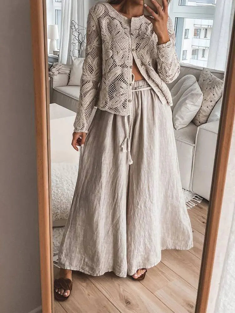 Elegant Beige Casual Hollow Out Shirts Women'S Vintage Hook Floral Lace Long Sleeve Button Blouse French Tops Blouses Clothes
