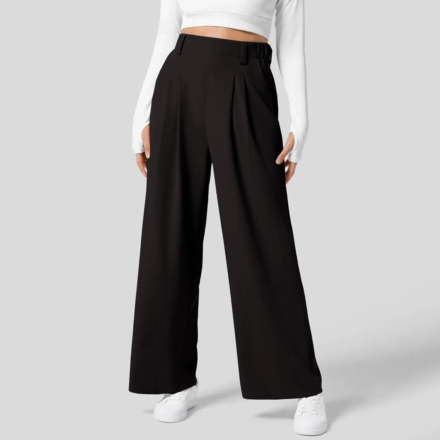 Elegant Women Suits Straight Pants Flowy Solid Color High Wasited Office Lady Trousers Loose Workwear Business Wide Leg Pants