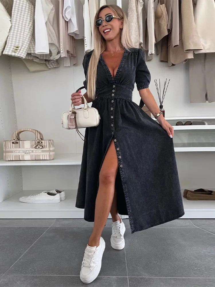 Vintage V-Neck Split Women Denim Dress Short Ruff Sleeves Cinching Waist Jeans Skirts Single Breasted Distressed Long Dress