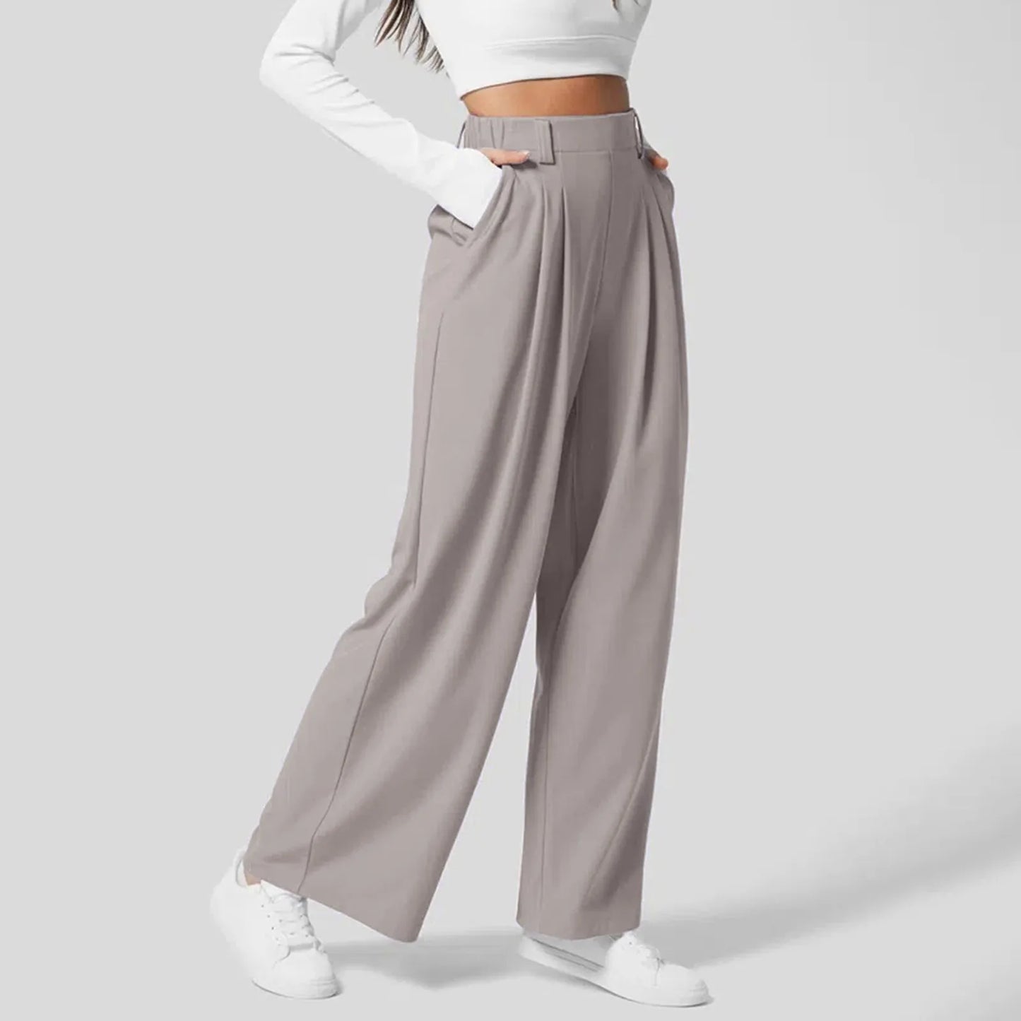 Elegant Women Suits Straight Pants Flowy Solid Color High Wasited Office Lady Trousers Loose Workwear Business Wide Leg Pants