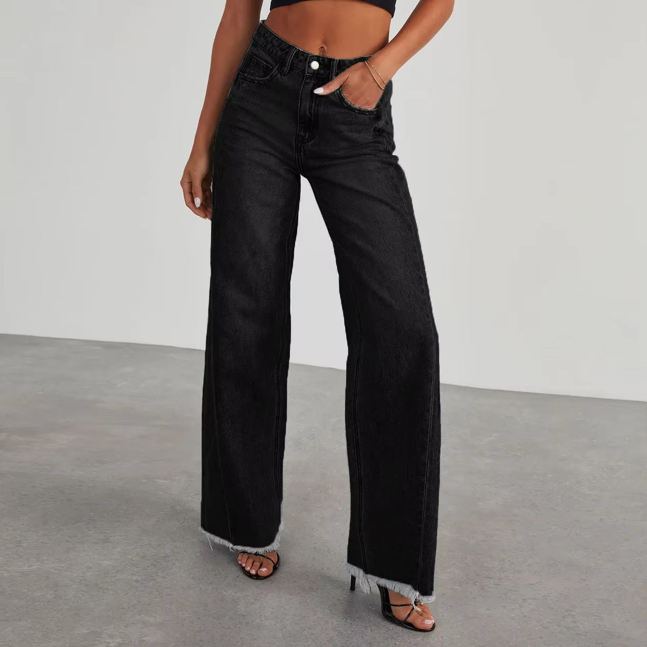 Spring Summer New Women'S Clothing Solid Color Loose Wide Leg Side Seam Stitching Frayed Hem Jeans