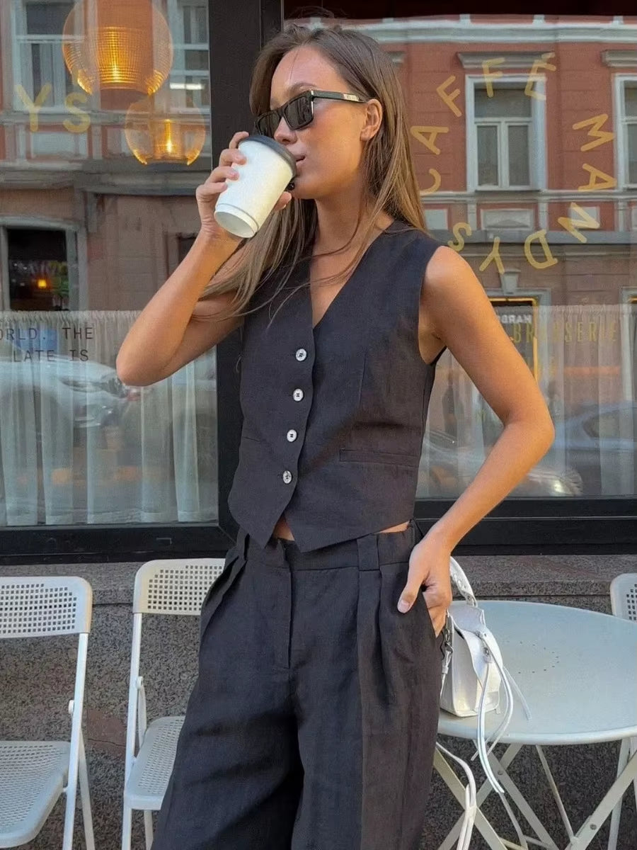 Bronladies Womem Linen Cotton Chic Vest & Pants Suit Two-Piece Set Office Ladies Summer Chic 2 Piece Sets Womens Outfits