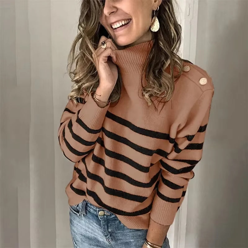 Europe and the United States Fashion Casual Striped Turtleneck Pullover Strap Buckle Knit Sweater, Women'S Autumn and Winter