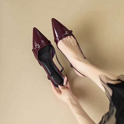 2024 New Summer French Wine Red Pointed Patent Leather Mid-Heel Overhead Sandals for Women Retro Skinny Heel Back Empty Shoes