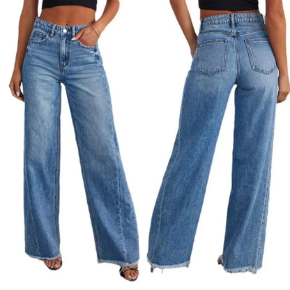 Spring Summer New Women'S Clothing Solid Color Loose Wide Leg Side Seam Stitching Frayed Hem Jeans