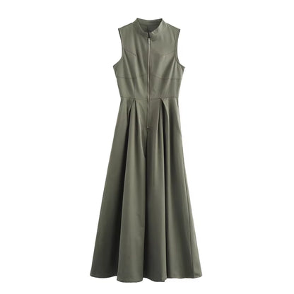 Zipper Long Dress Woman Pleated Sleeveless Bodycon Dress Summer Elegant Party Dresses for Women 2024 New Midi Dresses