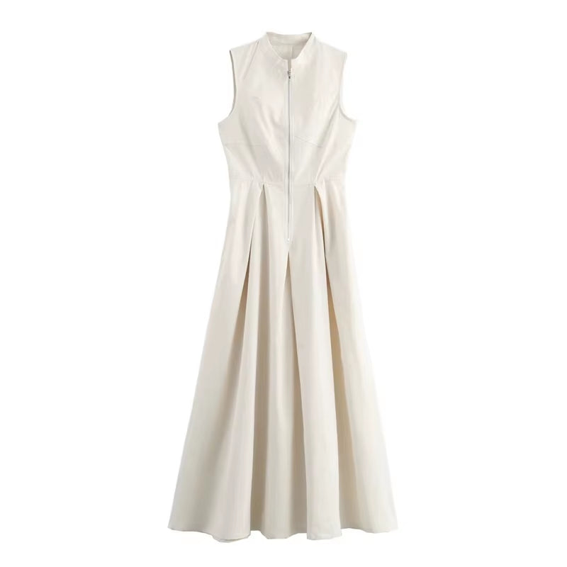 Zipper Long Dress Woman Pleated Sleeveless Bodycon Dress Summer Elegant Party Dresses for Women 2024 New Midi Dresses