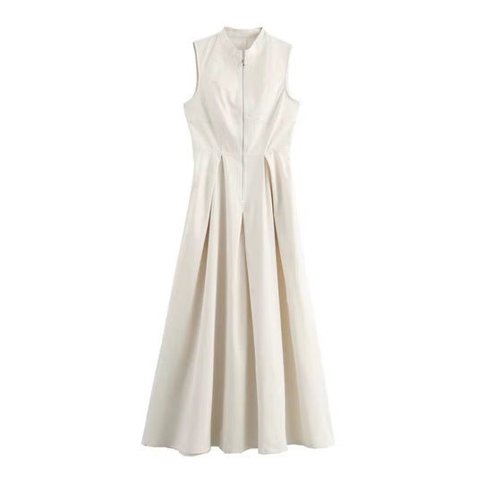 Zipper Long Dress Woman Pleated Sleeveless Bodycon Dress Summer Elegant Party Dresses for Women 2024 New Midi Dresses