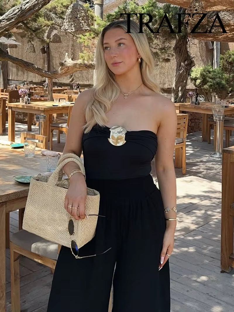 Women'S 2024 Summer Metallic Jumpsuit Solid Color Sexy Women'S Sleeveless Backless Jumpsuit Pleated Beach Party Jumpsuit