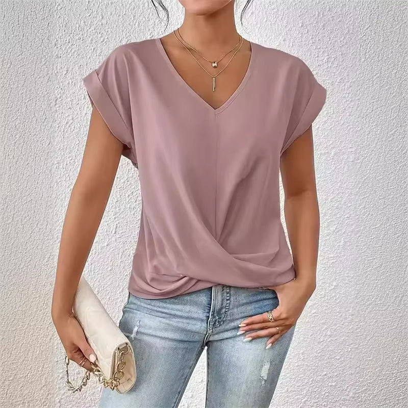 Fashion Pleated Hem V Neck Pullover T-Shirt Women Daily Solid Color Casual Commuter Tops Summer Folded Short Sleeve Female Tees