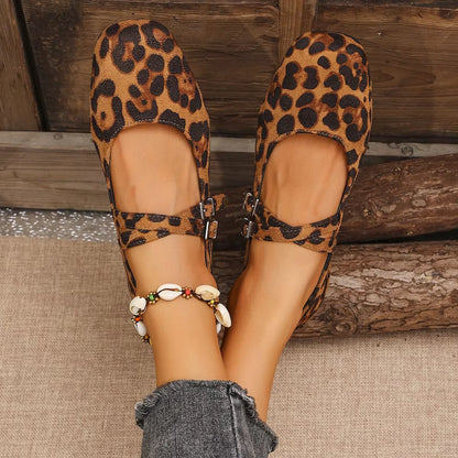 Mary Jane Buckle Strap Ballet Flats Women Shoes Shallow Casual Leopard Print Comfortable Square Toe Flat Shoes for Women Zapatos