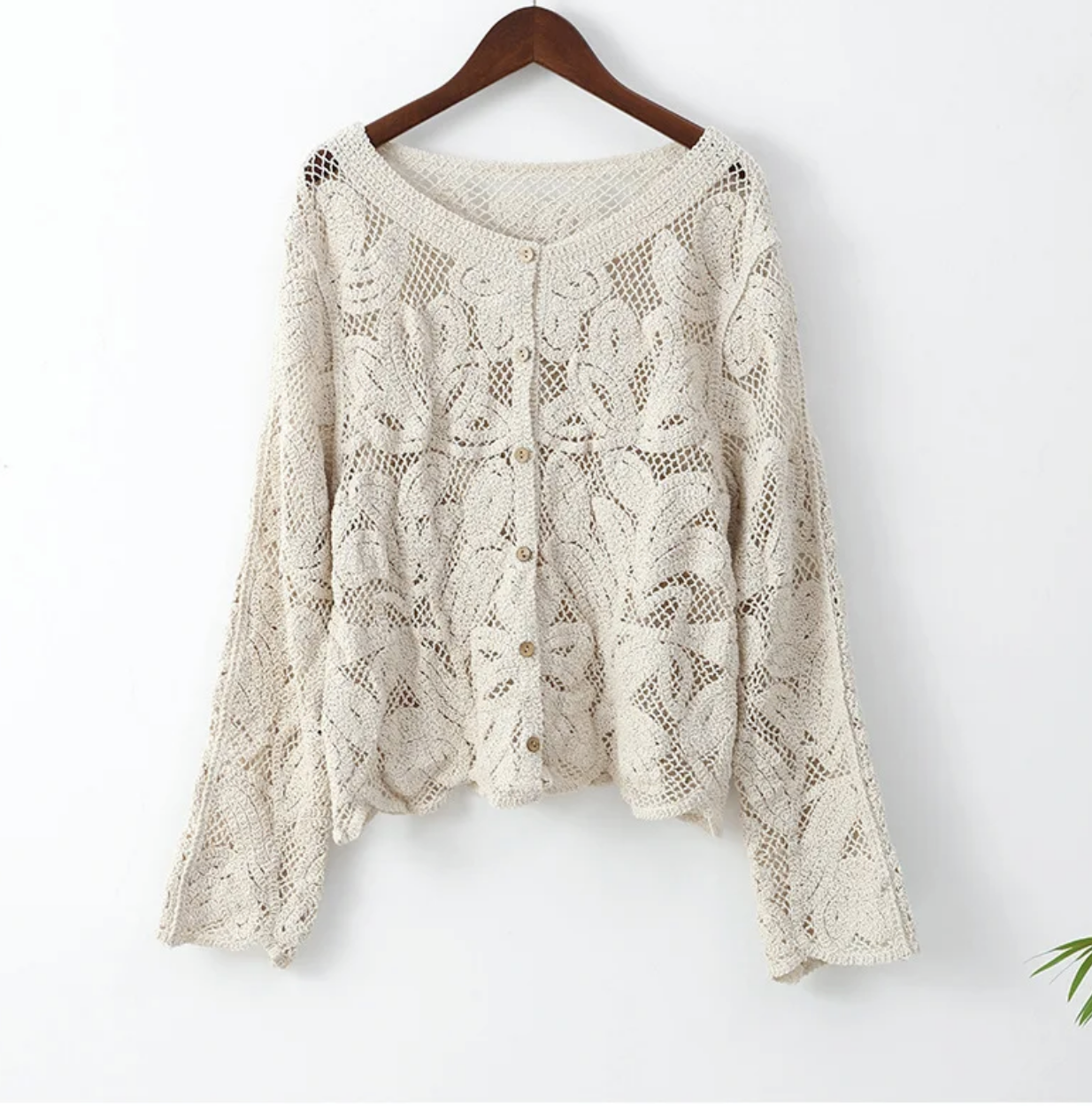 Elegant Beige Casual Hollow Out Shirts Women'S Vintage Hook Floral Lace Long Sleeve Button Blouse French Tops Blouses Clothes