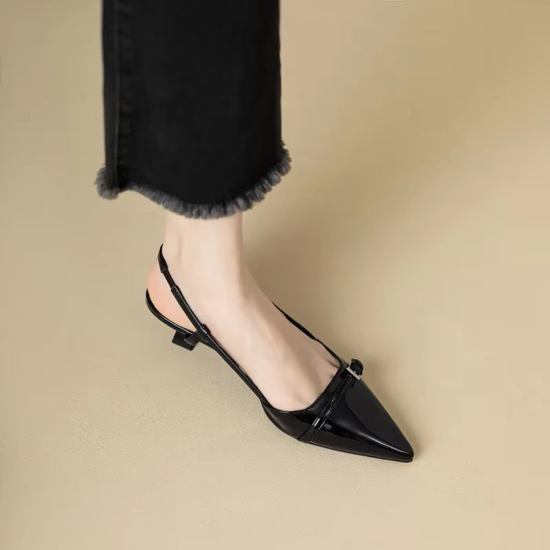 2024 New Summer French Wine Red Pointed Patent Leather Mid-Heel Overhead Sandals for Women Retro Skinny Heel Back Empty Shoes