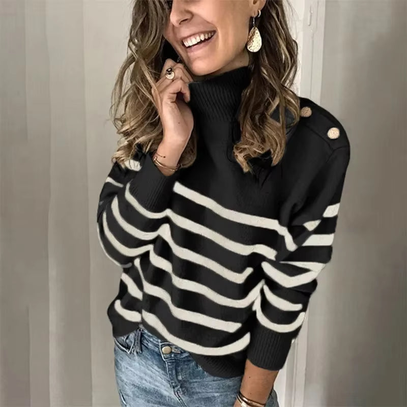 Europe and the United States Fashion Casual Striped Turtleneck Pullover Strap Buckle Knit Sweater, Women'S Autumn and Winter
