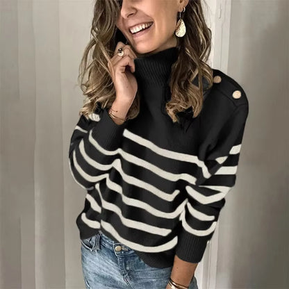 Europe and the United States Fashion Casual Striped Turtleneck Pullover Strap Buckle Knit Sweater, Women'S Autumn and Winter