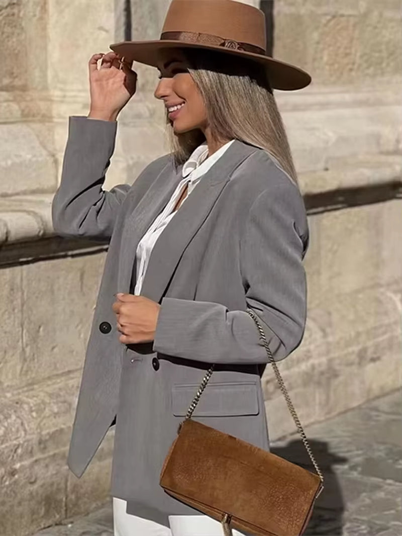 Casual Loose Blazer Women Solid Lapel Long Sleeve Pocket Buttons All-Match Coats Female 2025 Spring Fashion Office Lady Outwear
