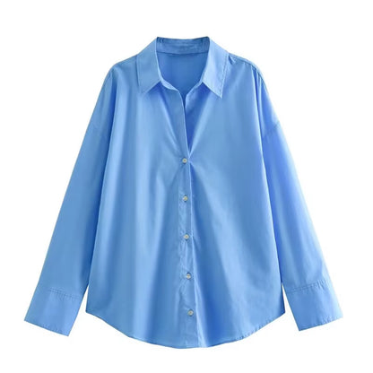 Traf 2025 Women'S Spring New Europe-American Fashion Striped Long Sleeve Lapel Loose Version Poplin Shirt Multi-Color Selection