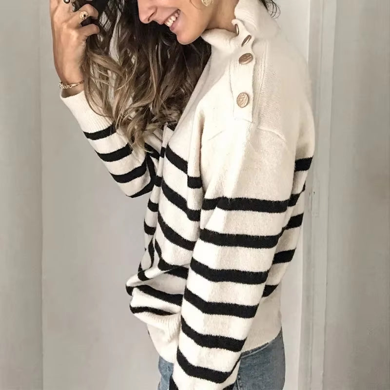 Europe and the United States Fashion Casual Striped Turtleneck Pullover Strap Buckle Knit Sweater, Women'S Autumn and Winter
