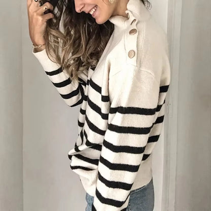 Europe and the United States Fashion Casual Striped Turtleneck Pullover Strap Buckle Knit Sweater, Women'S Autumn and Winter