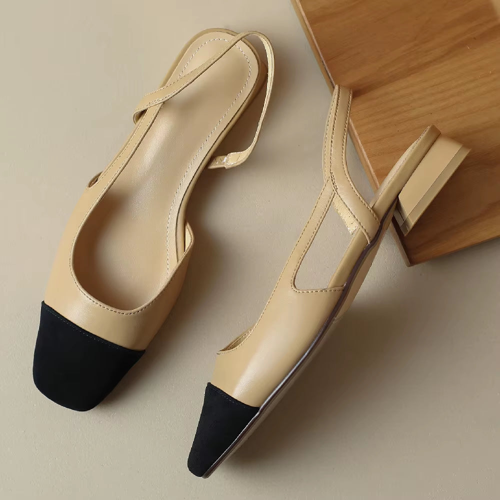 Women'S Genuine Leather Mix Color Patchwork Square Toe Slip-On Flats Sandals Summer Casual Female Slingback Sandalias Shoes Sale