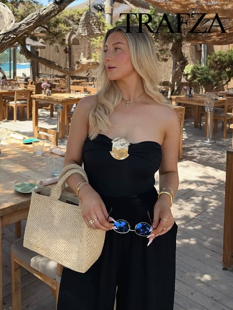 Women'S 2024 Summer Metallic Jumpsuit Solid Color Sexy Women'S Sleeveless Backless Jumpsuit Pleated Beach Party Jumpsuit