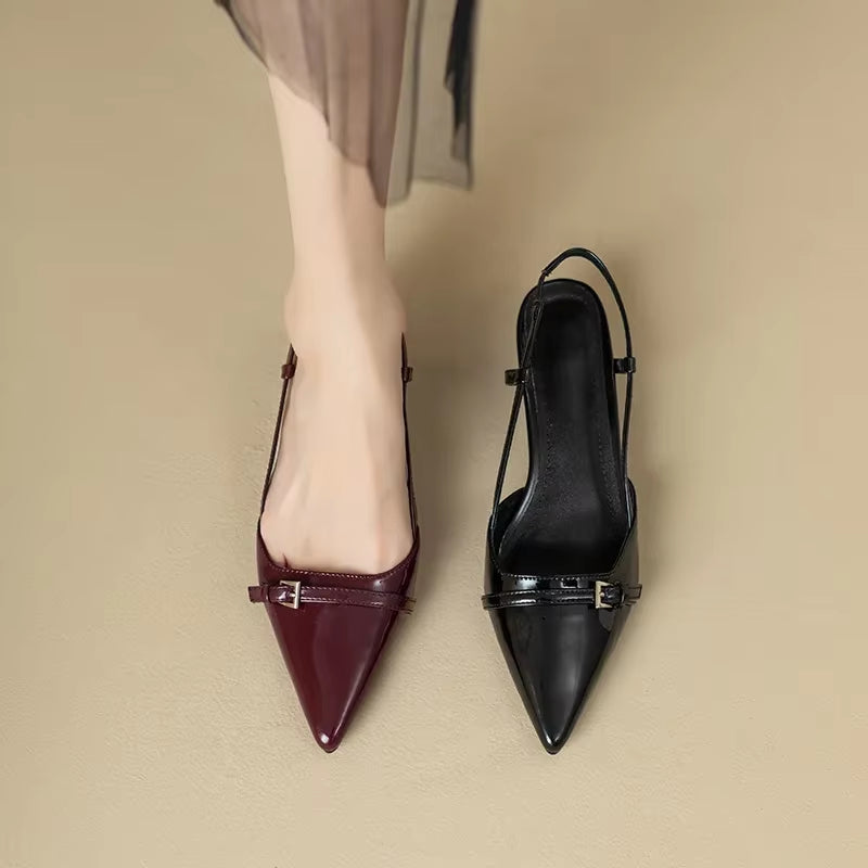 2024 New Summer French Wine Red Pointed Patent Leather Mid-Heel Overhead Sandals for Women Retro Skinny Heel Back Empty Shoes