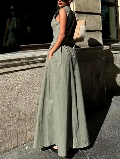 Zipper Long Dress Woman Pleated Sleeveless Bodycon Dress Summer Elegant Party Dresses for Women 2024 New Midi Dresses