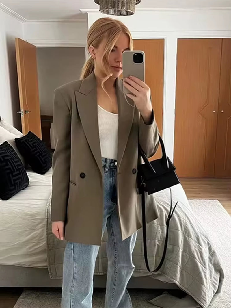 Casual Loose Blazer Women Solid Lapel Long Sleeve Pocket Buttons All-Match Coats Female 2025 Spring Fashion Office Lady Outwear