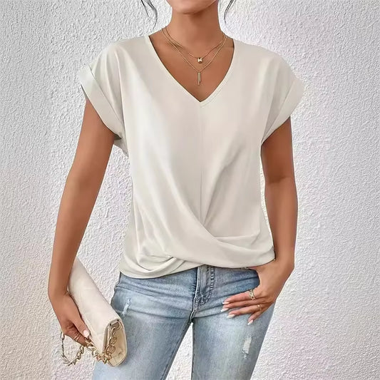 Fashion Pleated Hem V Neck Pullover T-Shirt Women Daily Solid Color Casual Commuter Tops Summer Folded Short Sleeve Female Tees