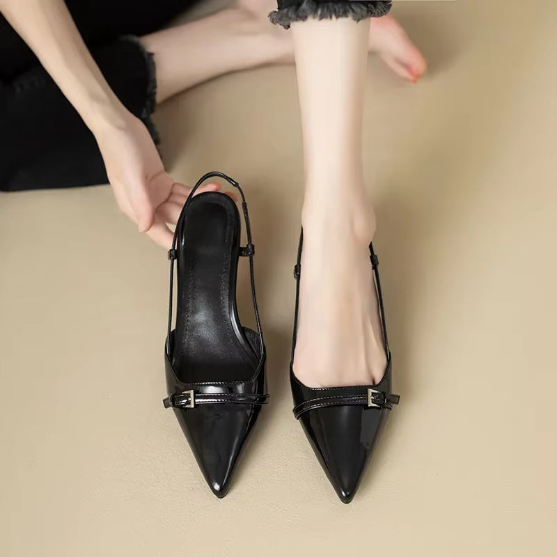 2024 New Summer French Wine Red Pointed Patent Leather Mid-Heel Overhead Sandals for Women Retro Skinny Heel Back Empty Shoes