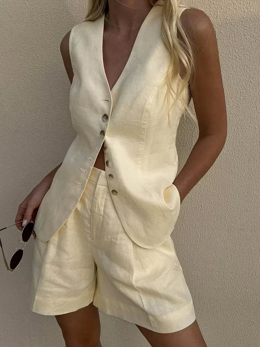Bronladies Cotton and Linen Chic Casual Vest Shorts Set Women'S Summer New Fashion Commuter Sleeveless Tank Top Shorts Suits