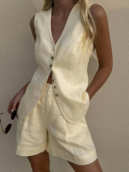 Bronladies Cotton and Linen Chic Casual Vest Shorts Set Women'S Summer New Fashion Commuter Sleeveless Tank Top Shorts Suits