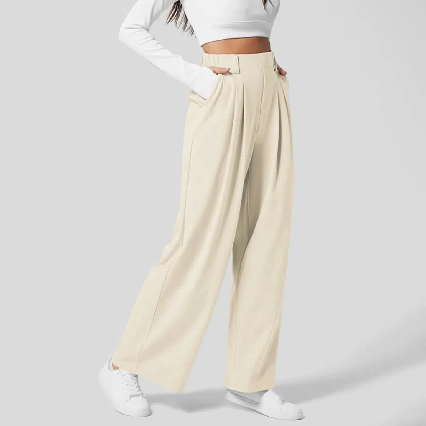 Elegant Women Suits Straight Pants Flowy Solid Color High Wasited Office Lady Trousers Loose Workwear Business Wide Leg Pants