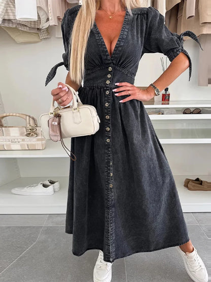 Vintage V-Neck Split Women Denim Dress Short Ruff Sleeves Cinching Waist Jeans Skirts Single Breasted Distressed Long Dress