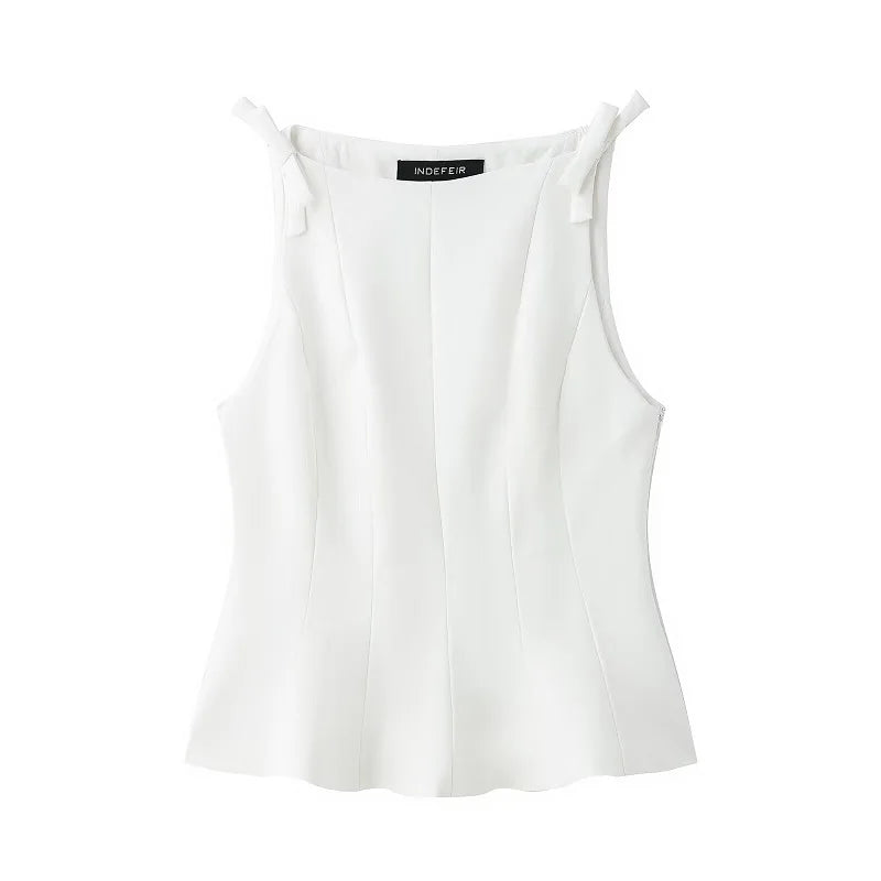 White Bow Sleeveless Tops for Women Black off Shoulder Top Female Spring Casual Tank Tops Woman 2025 Pleated Women'S Tops
