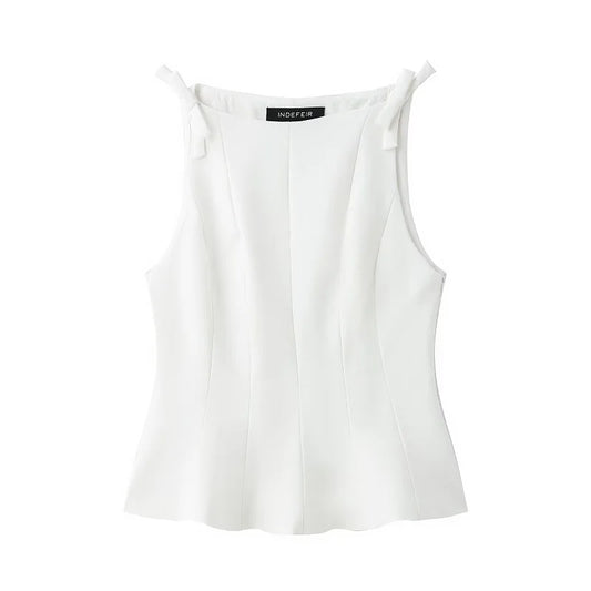 White Bow Sleeveless Tops for Women Black off Shoulder Top Female Spring Casual Tank Tops Woman 2025 Pleated Women'S Tops