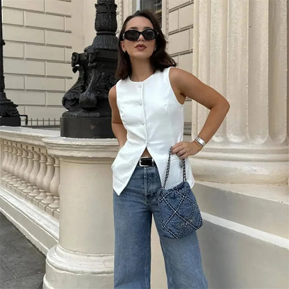 2024 White Sleeveless Vest Women Button Summer Vests for Women Jackets Pink Vest Top Women Streetwear Women'S Tailored Vest