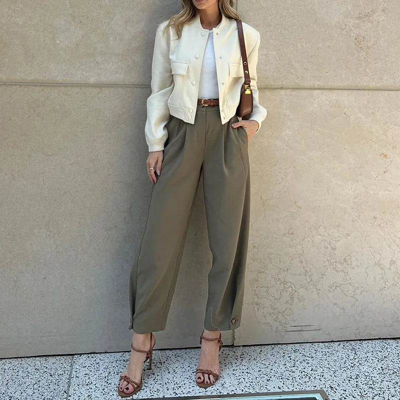 Women Casual Office Lady Ankle Banded Pants Work Solid Color Tailored Draped Simple Ankle-Length Trousers with Pockets