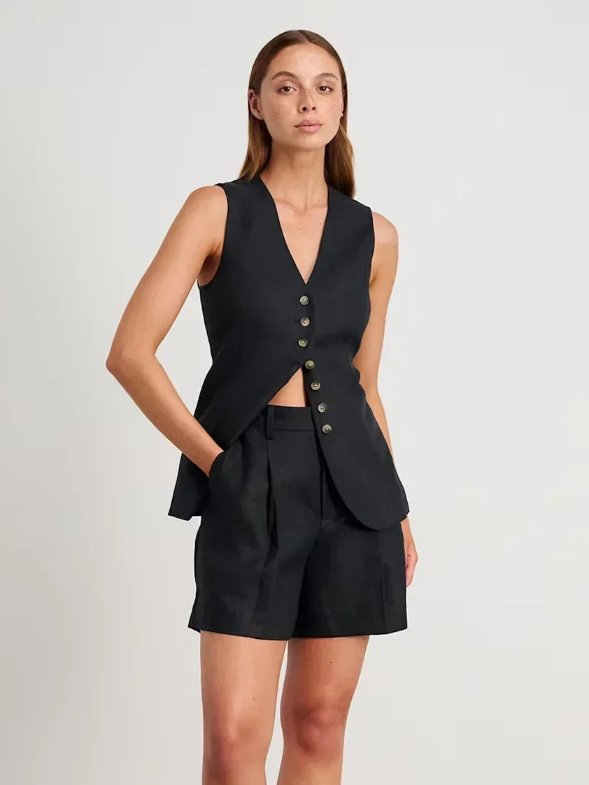 Bronladies Cotton and Linen Chic Casual Vest Shorts Set Women'S Summer New Fashion Commuter Sleeveless Tank Top Shorts Suits
