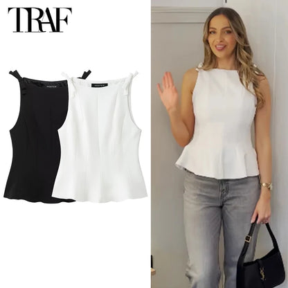 White Bow Sleeveless Tops for Women Black off Shoulder Top Female Spring Casual Tank Tops Woman 2025 Pleated Women'S Tops