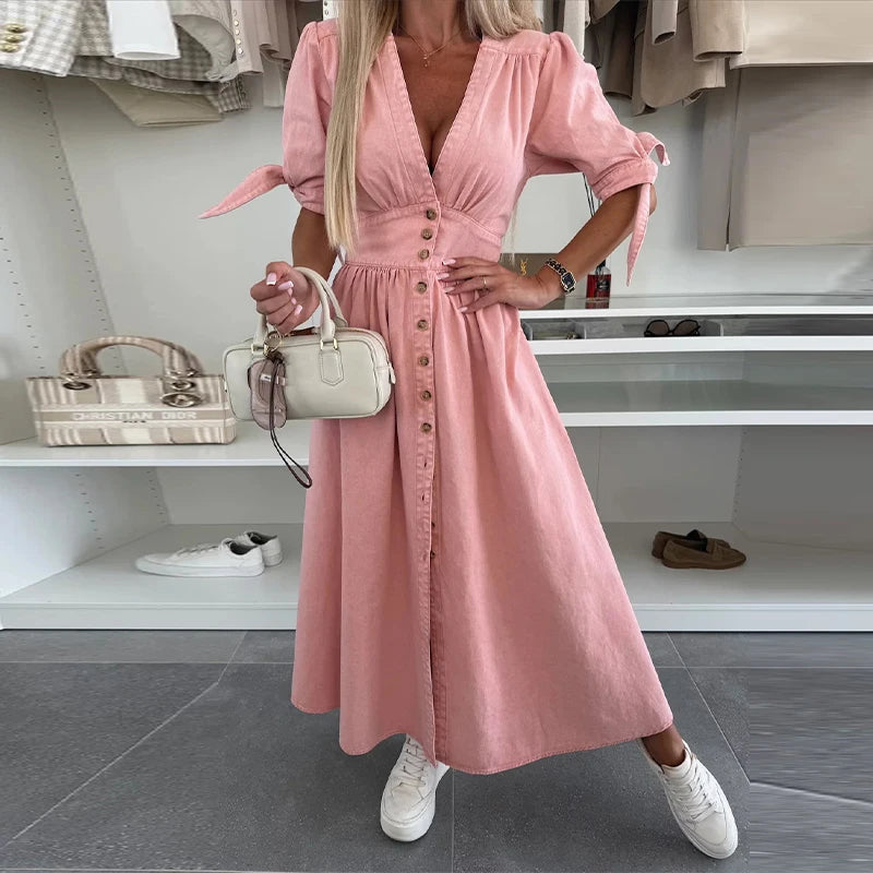 Vintage V-Neck Split Women Denim Dress Short Ruff Sleeves Cinching Waist Jeans Skirts Single Breasted Distressed Long Dress