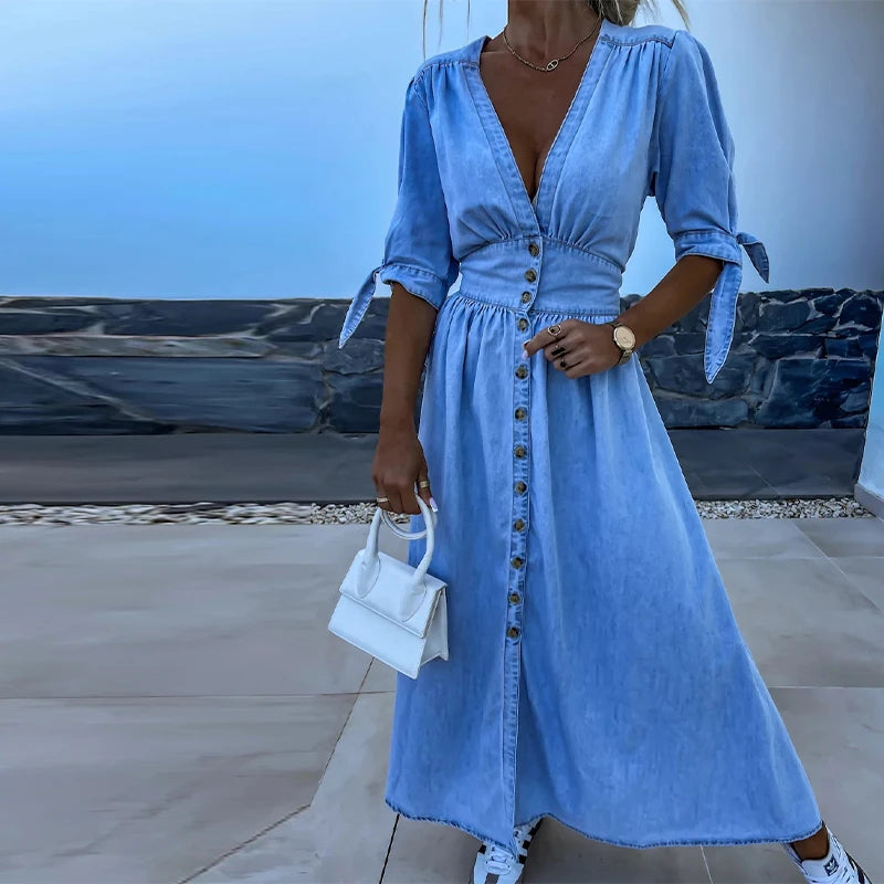 Vintage V-Neck Split Women Denim Dress Short Ruff Sleeves Cinching Waist Jeans Skirts Single Breasted Distressed Long Dress
