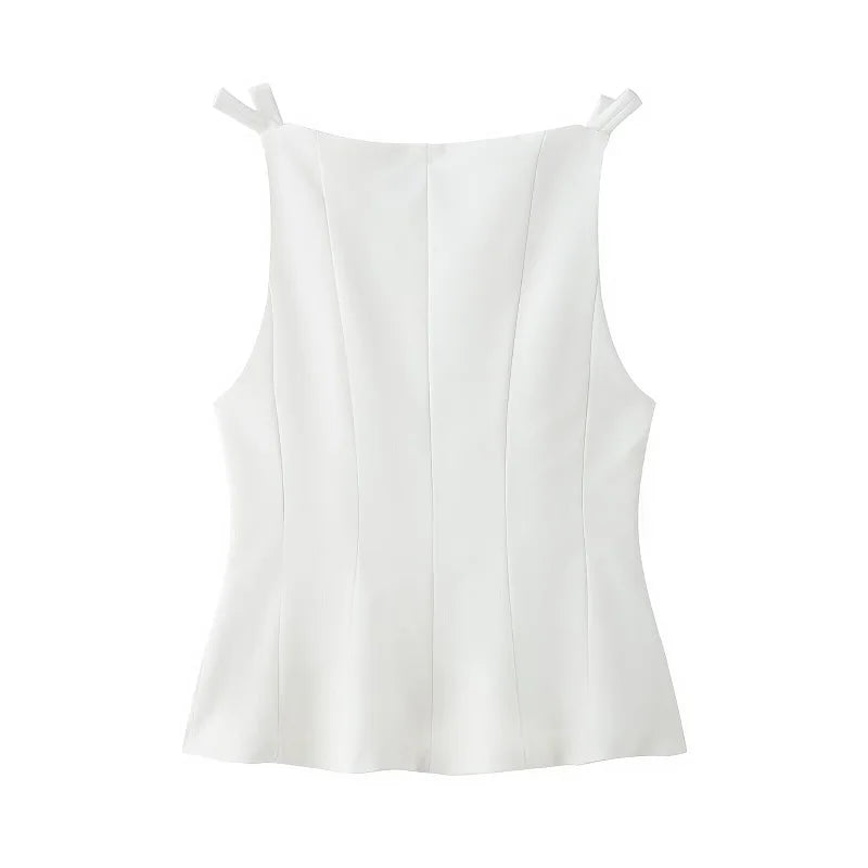 White Bow Sleeveless Tops for Women Black off Shoulder Top Female Spring Casual Tank Tops Woman 2025 Pleated Women'S Tops