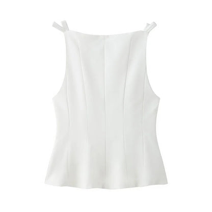 White Bow Sleeveless Tops for Women Black off Shoulder Top Female Spring Casual Tank Tops Woman 2025 Pleated Women'S Tops