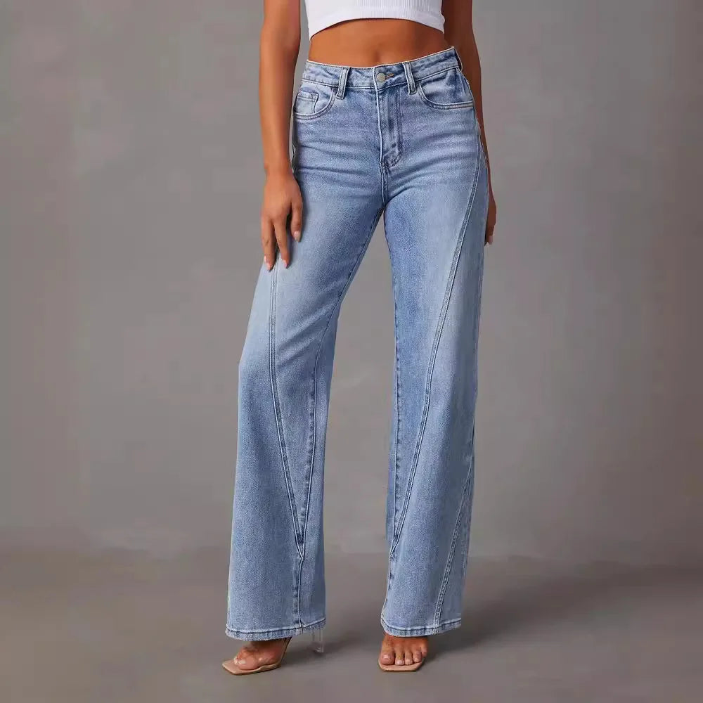 Women'S Autumn and Winter New Fashion Solid Color Jeans Straight Leg Long Pants, Fashion Loose Splicing Wide-Leg Women'S Jeans
